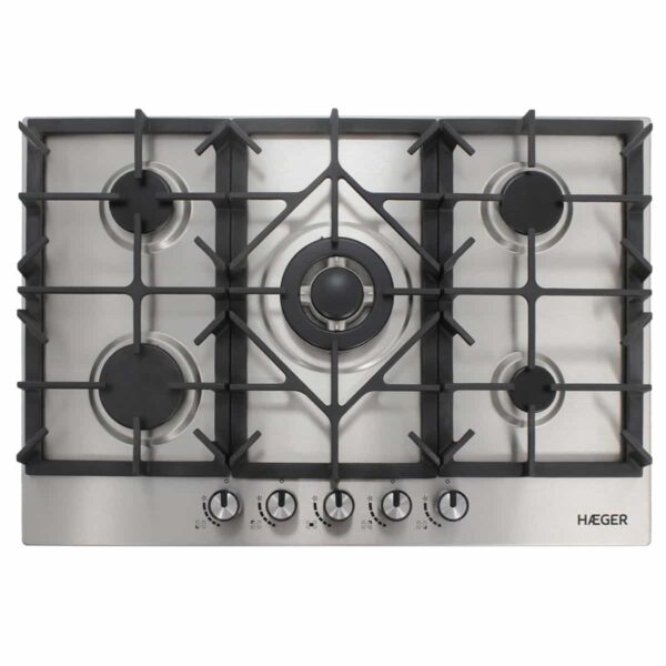 Placa a Gás Encastrável – 5 Zonas, 70cm, 1 wok, Inox